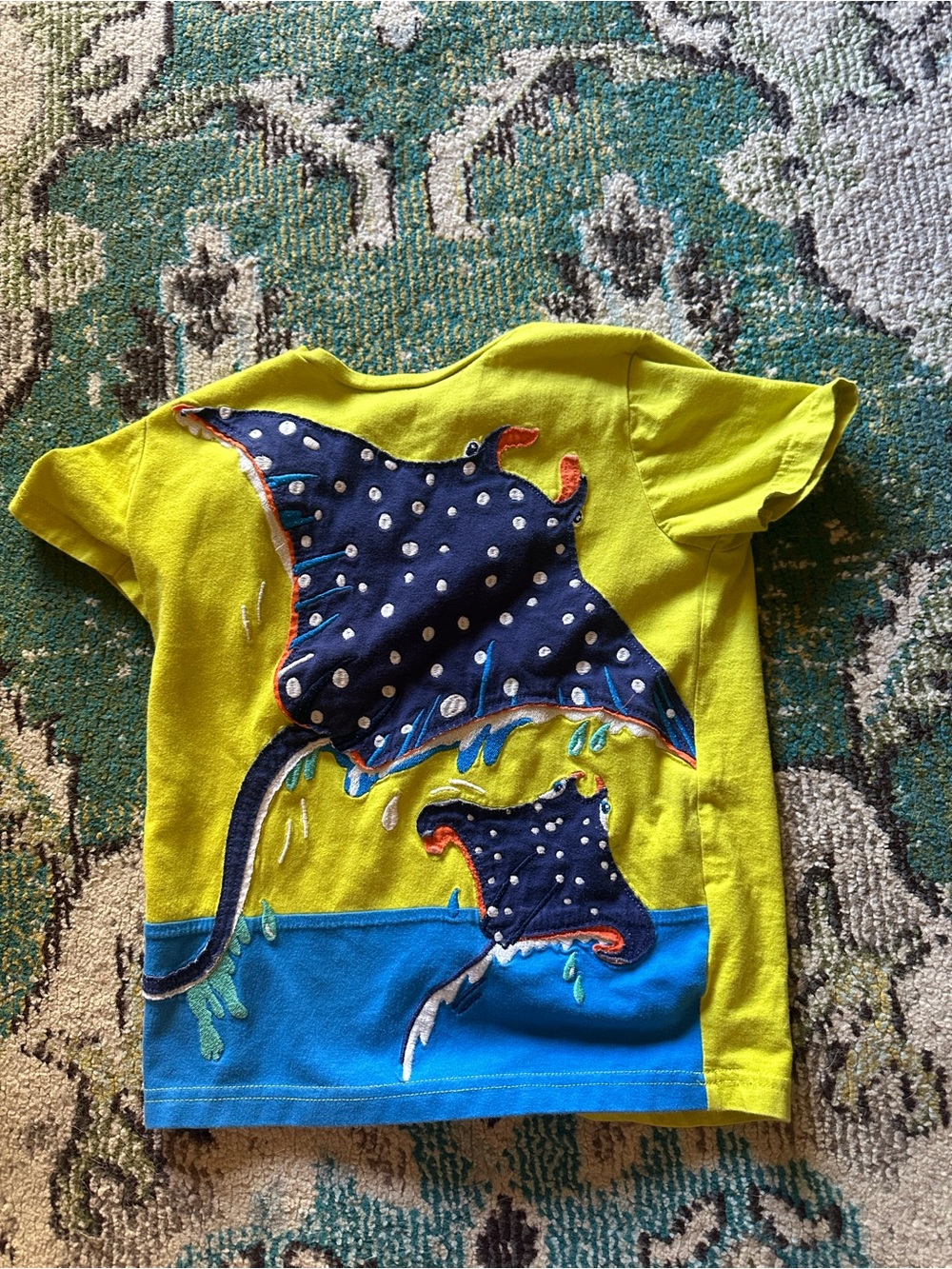 Mini Boden Yellow Tee with Navy Polka Dot Manta Ray Appliqué